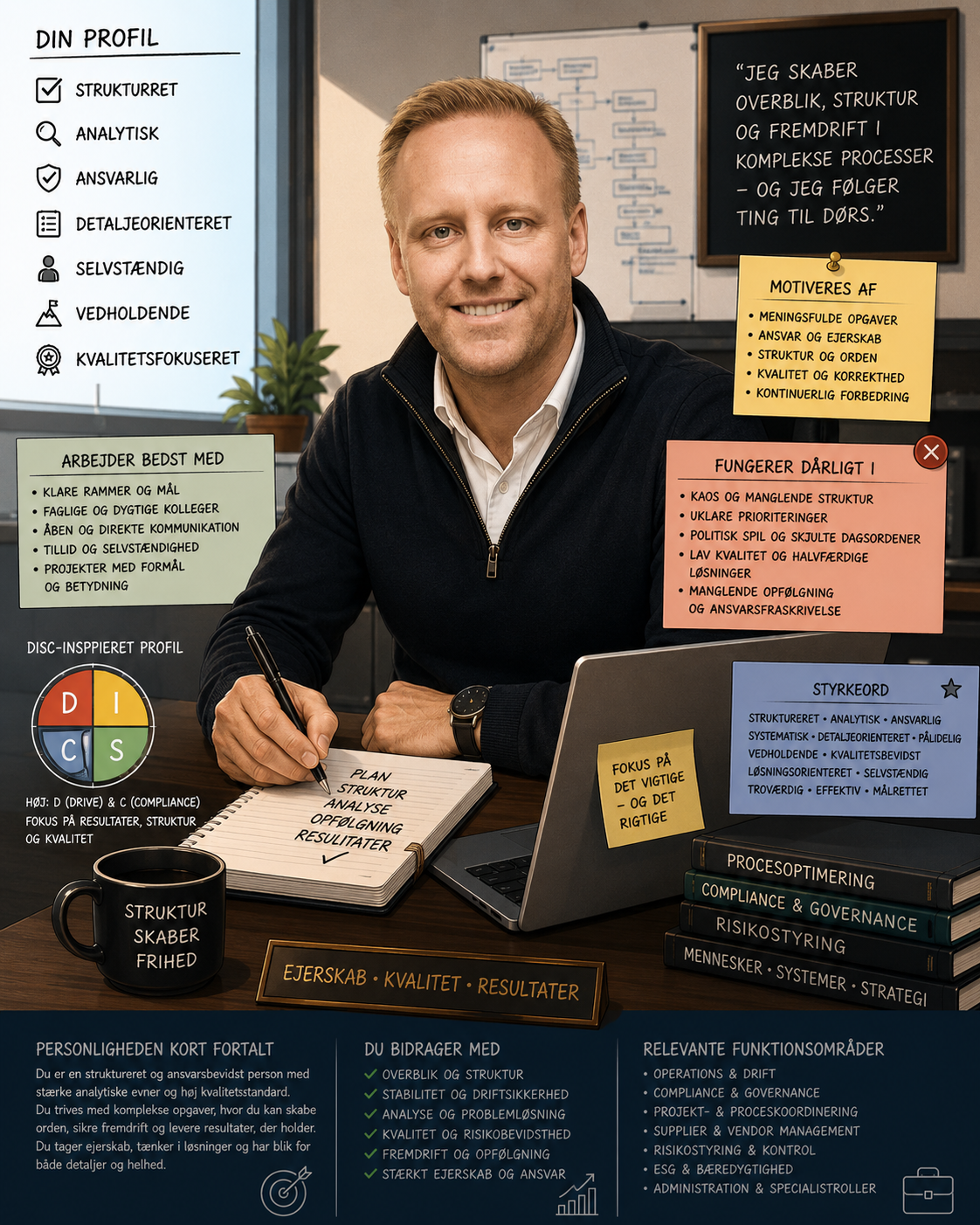 Visuel profilcollage for Ebbe Novrup med fokus på struktur, analyse, kvalitet og ansvar